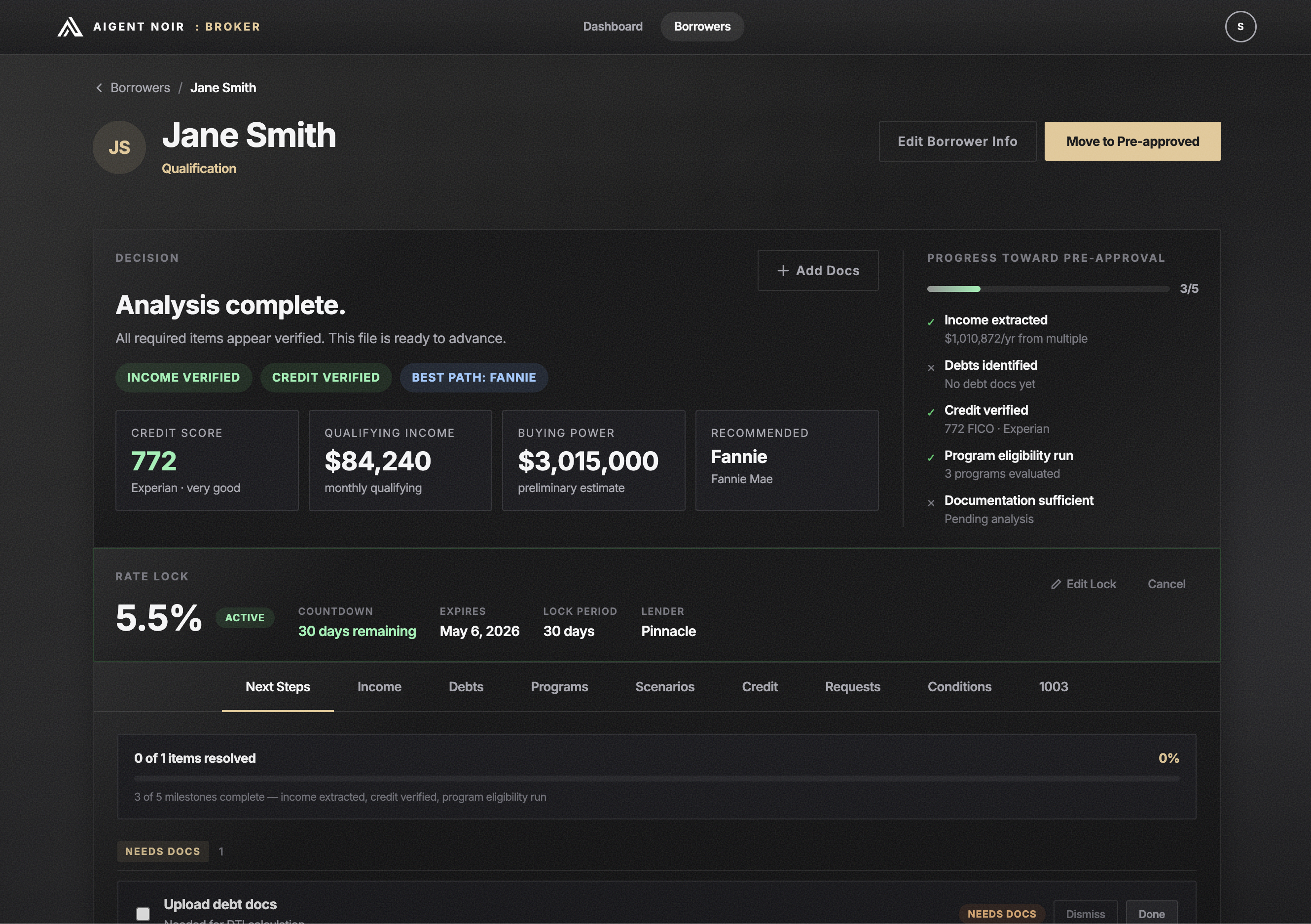 AIGENT NOIR document intake showing file upload, analysis pipeline, and PII protection steps